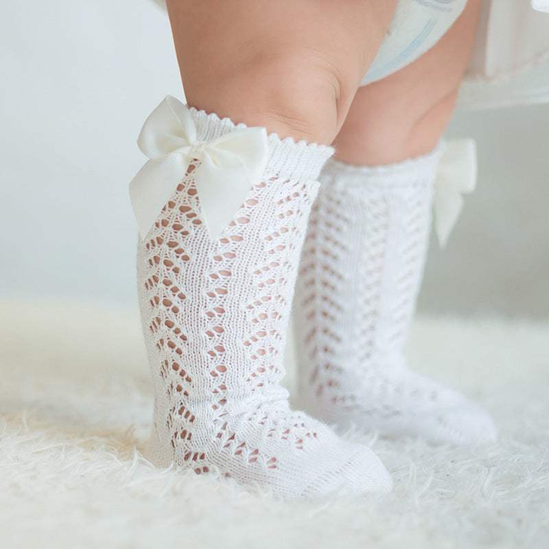 Girls' Knee-High Socks With Bows | Cotton Hollow-Out Non-Slip