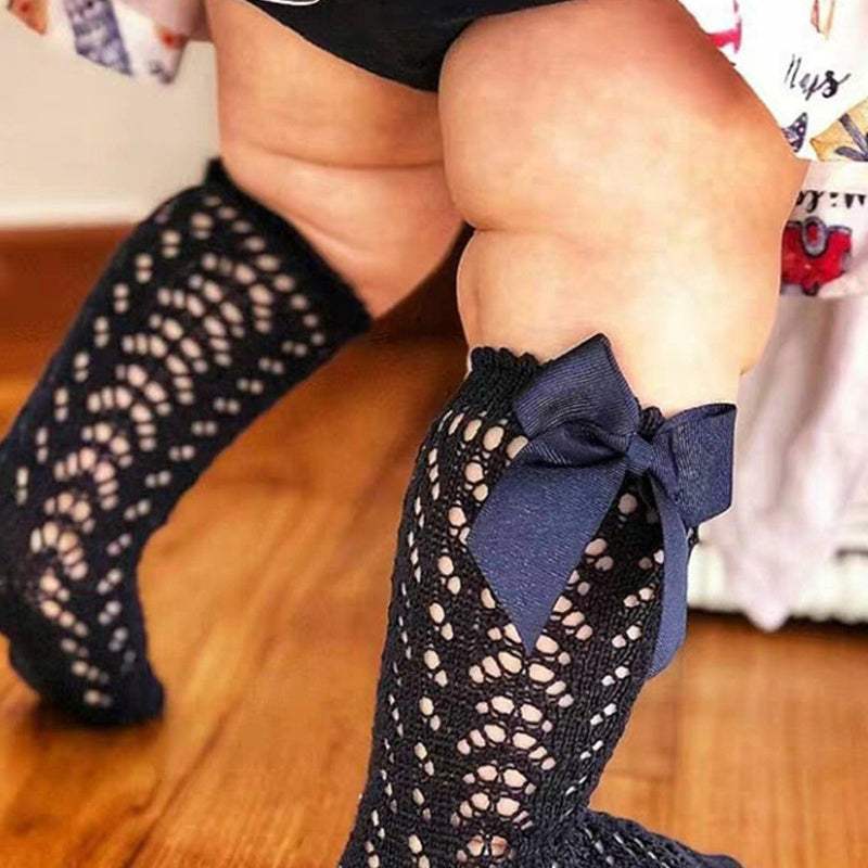 Girls' Knee-High Socks With Bows | Cotton Hollow-Out Non-Slip