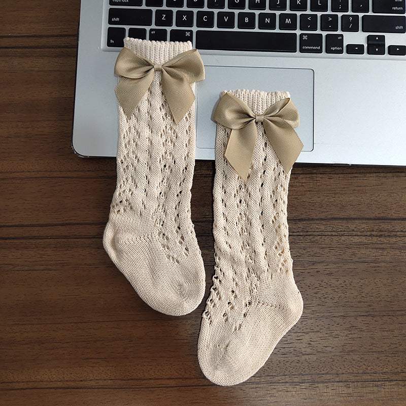 Girls' Knee-High Socks With Bows | Cotton Hollow-Out Non-Slip