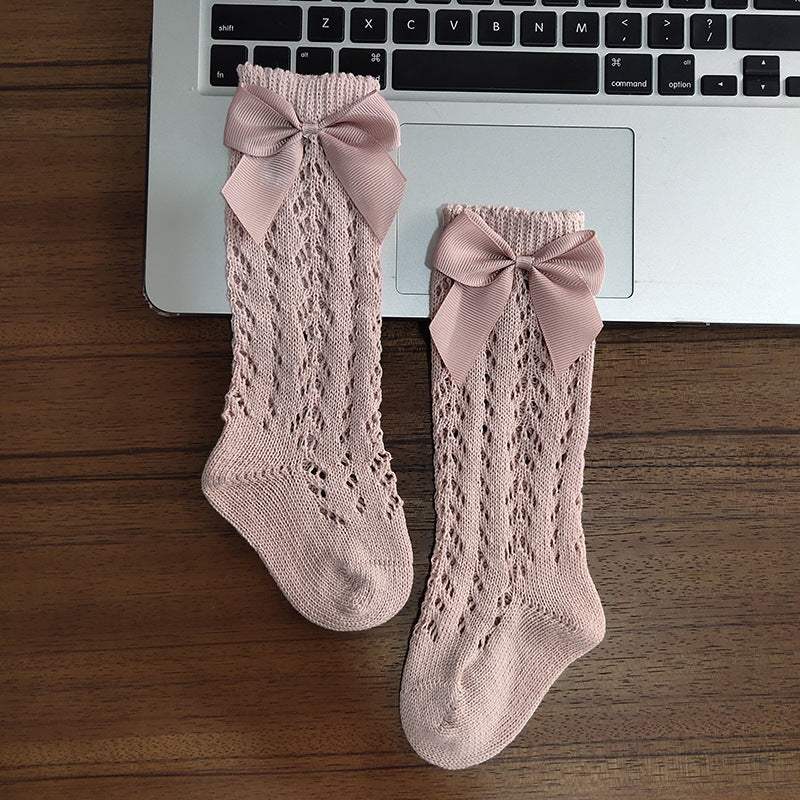 Girls' Knee-High Socks With Bows | Cotton Hollow-Out Non-Slip