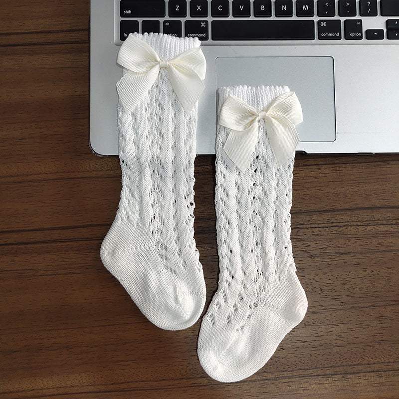 Girls' Knee-High Socks With Bows | Cotton Hollow-Out Non-Slip