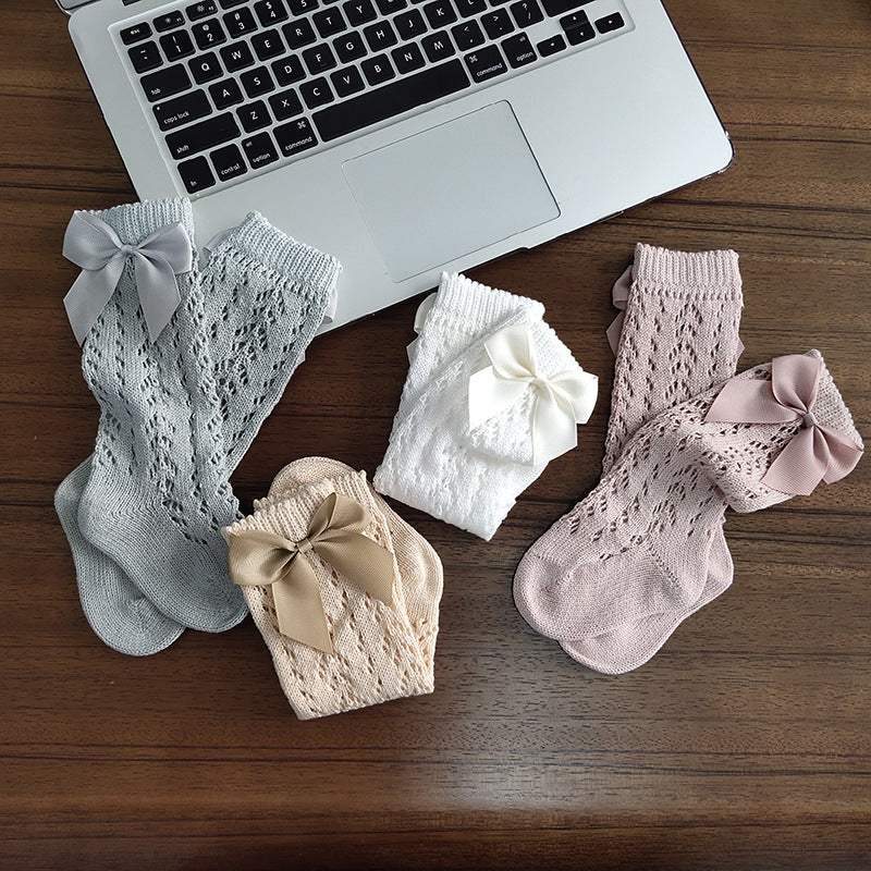 Girls' Knee-High Socks With Bows | Cotton Hollow-Out Non-Slip