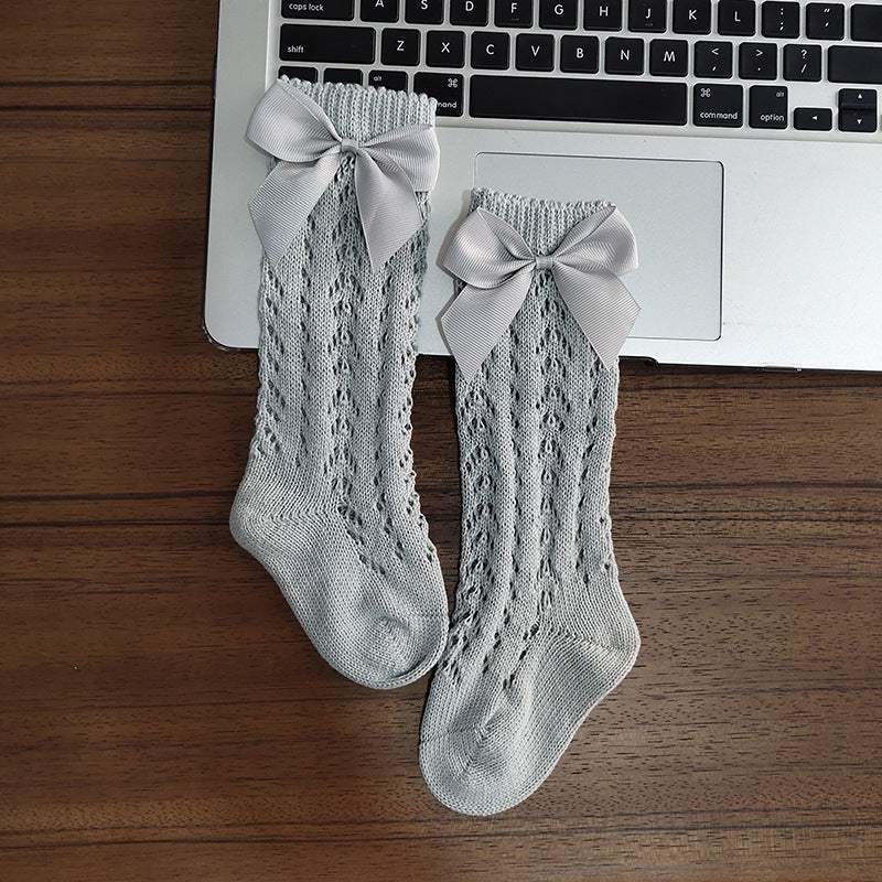 Girls' Knee-High Socks With Bows | Cotton Hollow-Out Non-Slip