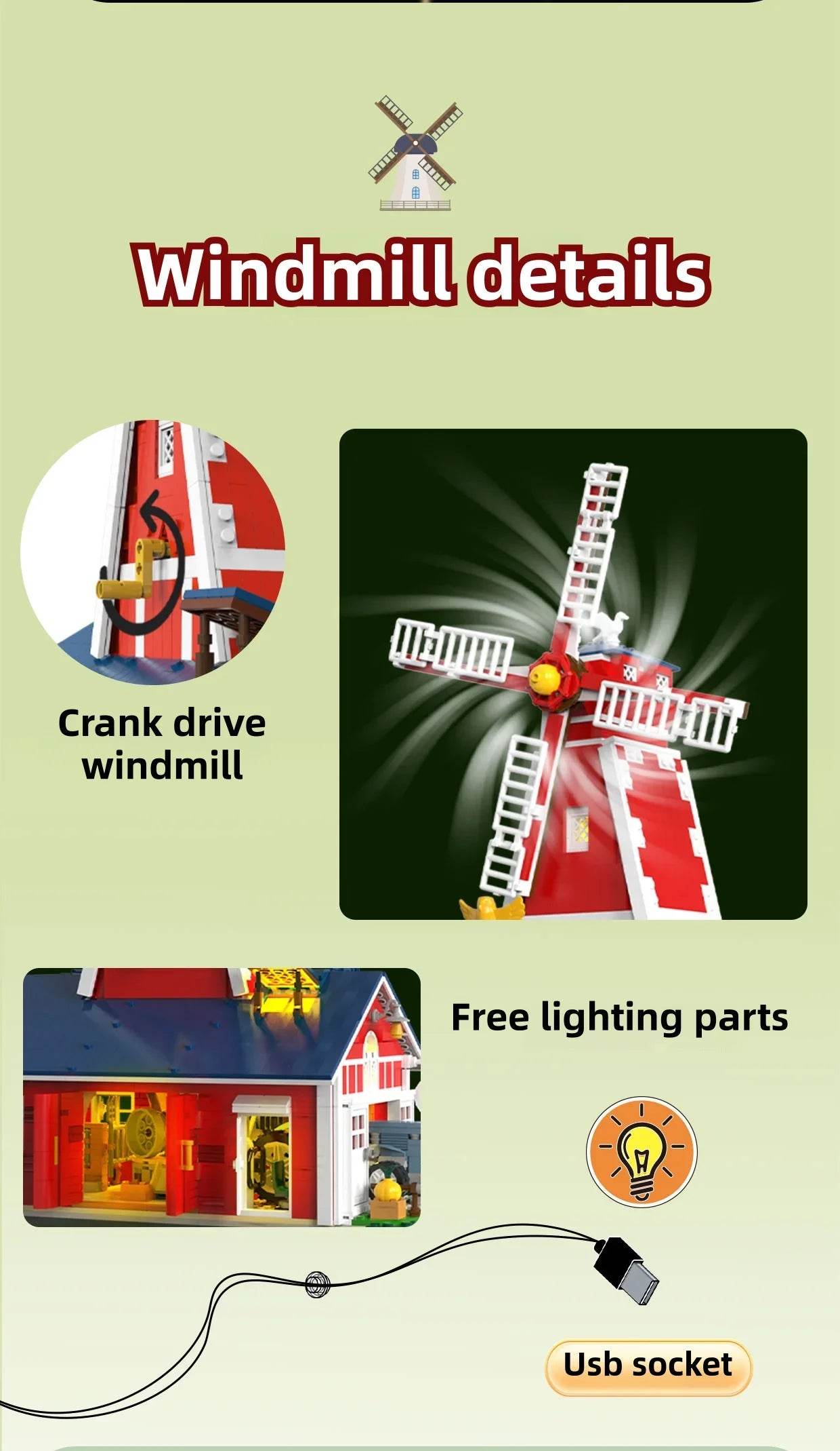 1810PCS Windmill Farm Building Blocks Set With USB Light - ToylandEU
