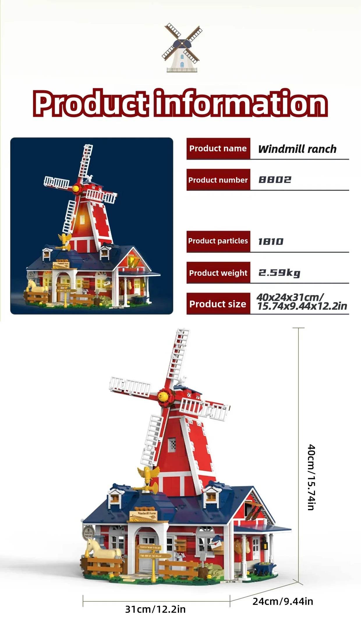 1810PCS Windmill Farm Building Blocks Set With USB Light - ToylandEU