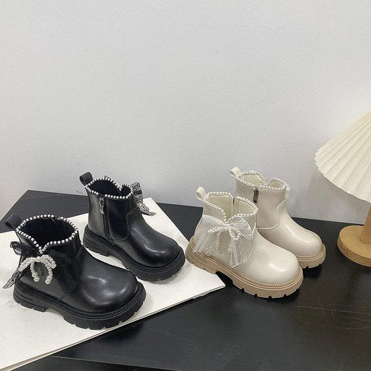 Girls' Pearl Bow Boots | Artificial Leather Heel Upper | Soft Sole | Comfortable Fit