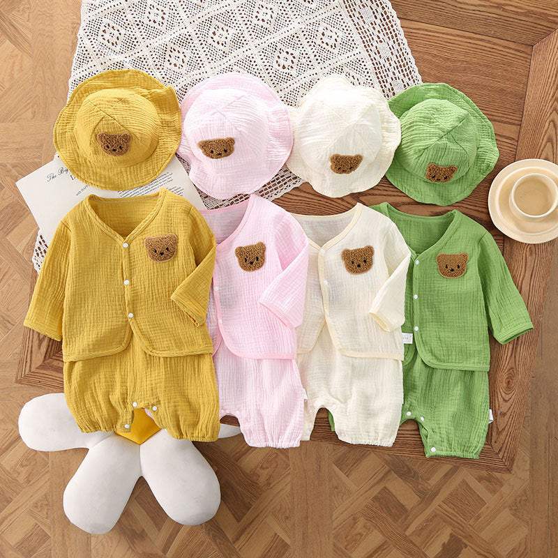 Baby Summer Gauze Hooded Suspender Pants Set | Thin Cotton Bear Head Cardigan