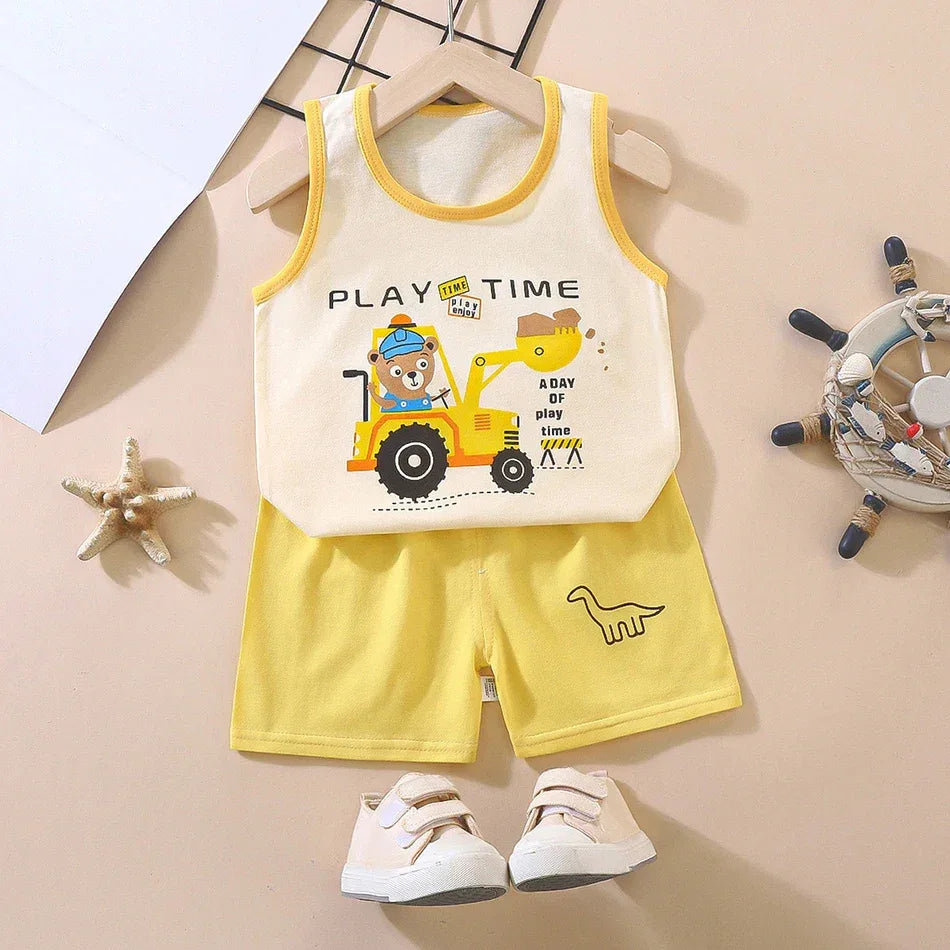 2 Pcs Summer Children's Animal Cartoon Print Vest Sets Girls Clothes Baby Korean Thin Boys Kids Sleeveless Casual Clothing Sets - ToylandEU