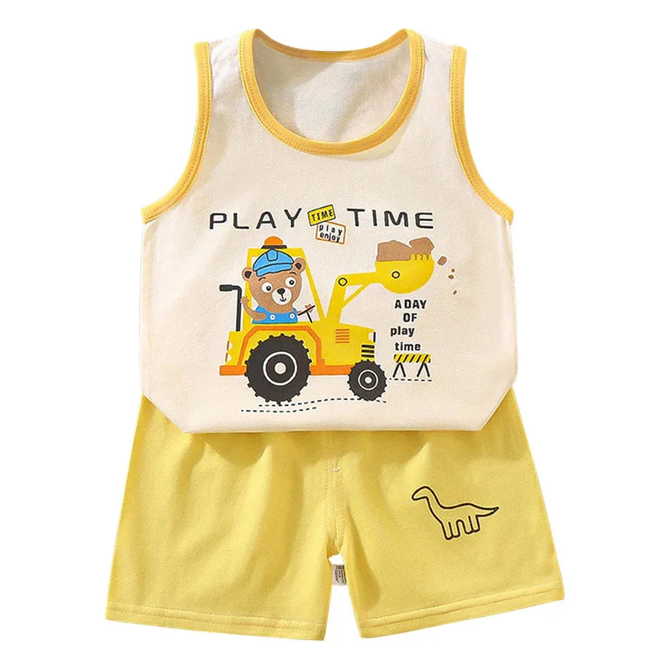 2 Pcs Summer Children's Animal Cartoon Print Vest Sets Girls Clothes Baby Korean Thin Boys Kids Sleeveless Casual Clothing Sets - ToylandEU