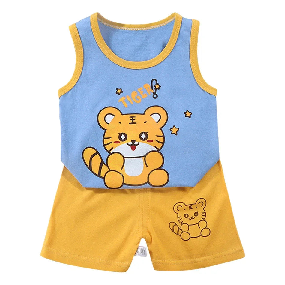 2 Pcs Summer Children's Animal Cartoon Print Vest Sets Girls Clothes Baby Korean Thin Boys Kids Sleeveless Casual Clothing Sets - ToylandEU