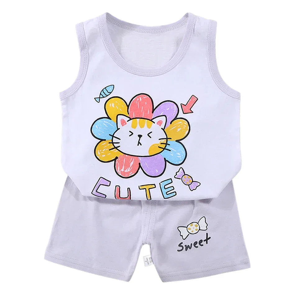 2 Pcs Summer Children's Animal Cartoon Print Vest Sets Girls Clothes Baby Korean Thin Boys Kids Sleeveless Casual Clothing Sets - ToylandEU