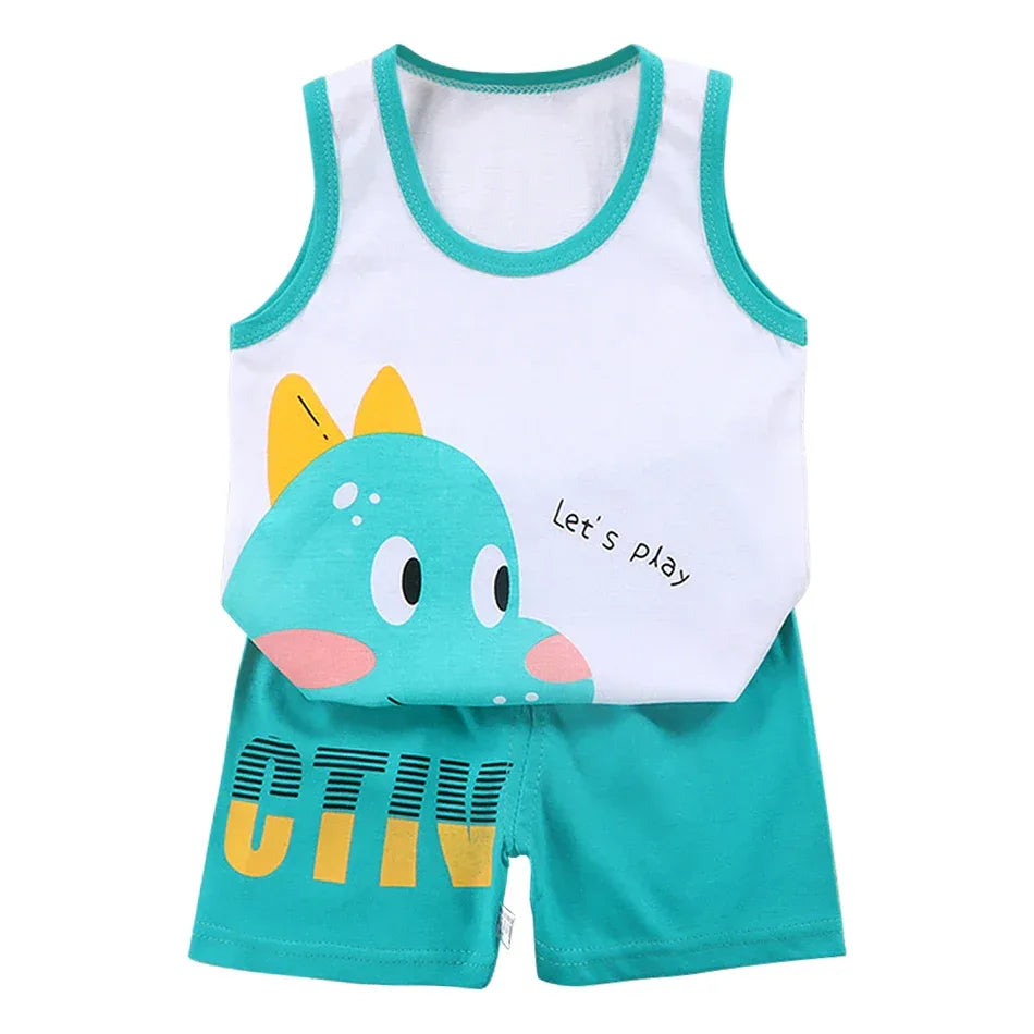2 Pcs Summer Children's Animal Cartoon Print Vest Sets Girls Clothes Baby Korean Thin Boys Kids Sleeveless Casual Clothing Sets - ToylandEU