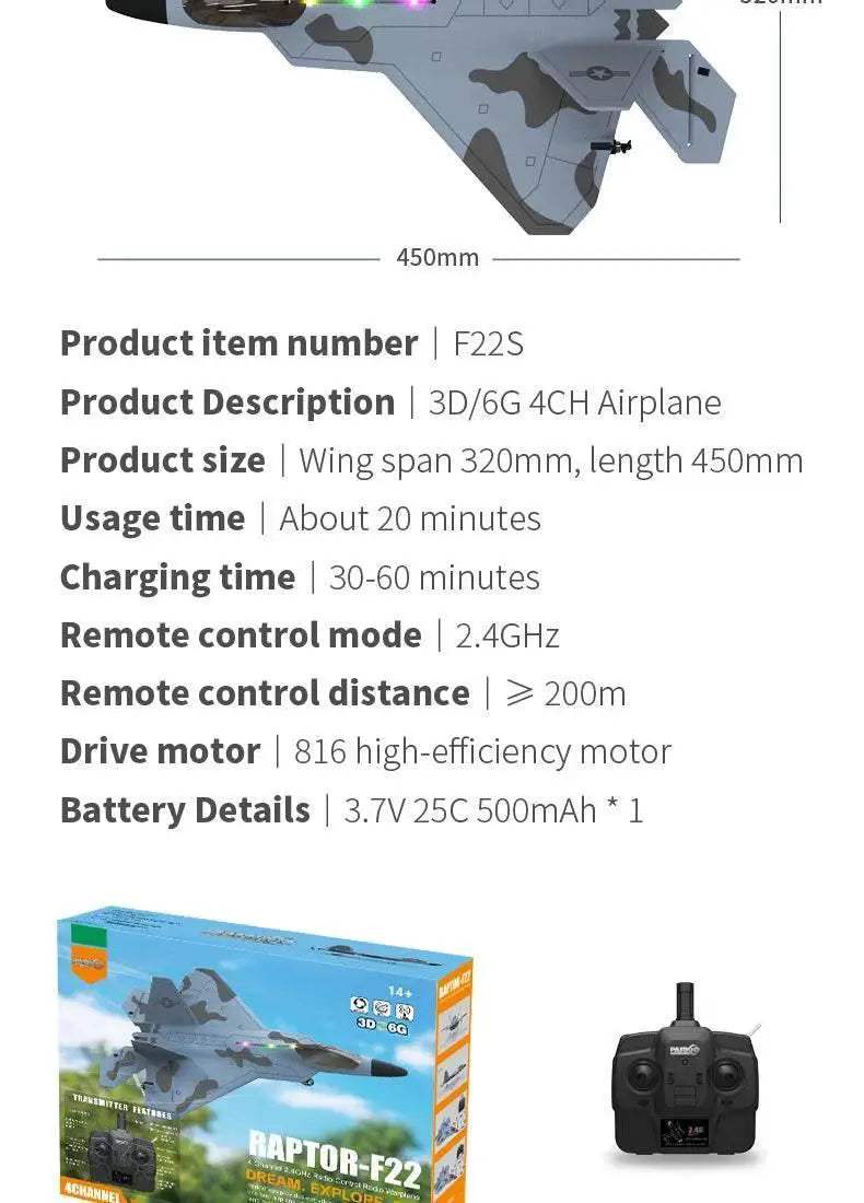 2024 New F22S 2.4G 4CH 3D6G RC Airplane Raptor F22 Warplane - ToylandEU