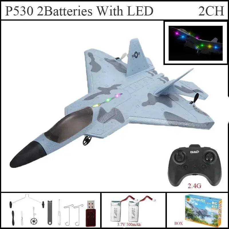 2024 Top P530 2.4G 2CH RC Airplane Raptor F22 Warplane LED Light Gyroscope Toy Gift for Boys Easy Flying - ToylandEU