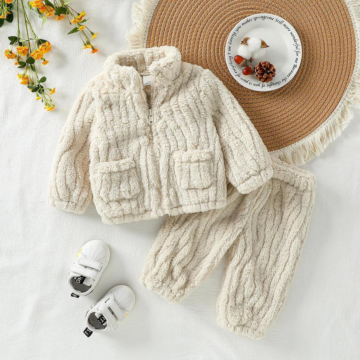 2025 New Casual Autumn /Winter Boys/Girls Long Sleeve Solid Warm Plush Sets For 1-3Y Zip-Up Coat Outfits Clothing Suit - ToylandEU
