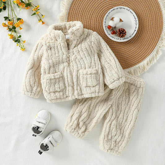 2025 New Casual Autumn /Winter Boys/Girls Long Sleeve Solid Warm Plush Sets For 1-3Y Zip-Up Coat Outfits Clothing Suit - ToylandEU