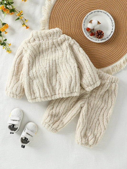 2025 New Casual Autumn /Winter Boys/Girls Long Sleeve Solid Warm Plush Sets For 1-3Y Zip-Up Coat Outfits Clothing Suit - ToylandEU