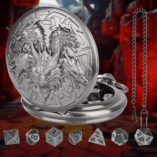 Retro Pocket Watch Shaped Tabletop Game Dice Set | 7-Piece Metal Polyhedral Dice