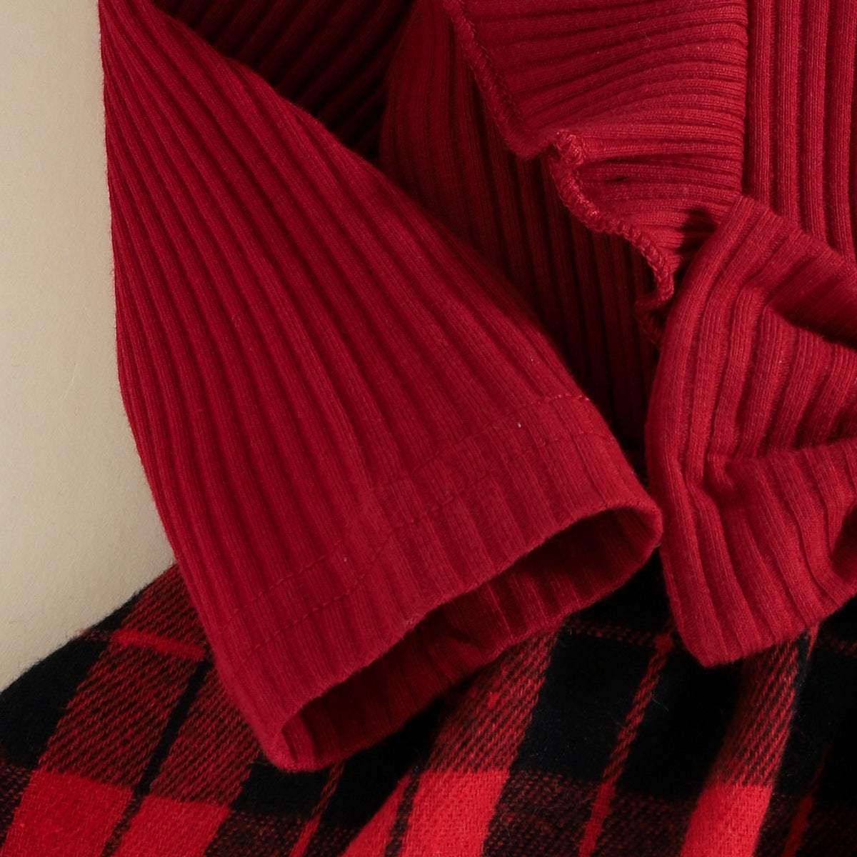 Infant Autumn And Winter Pullover Romper With Tartan Skirt | Sunken Stripe | Red