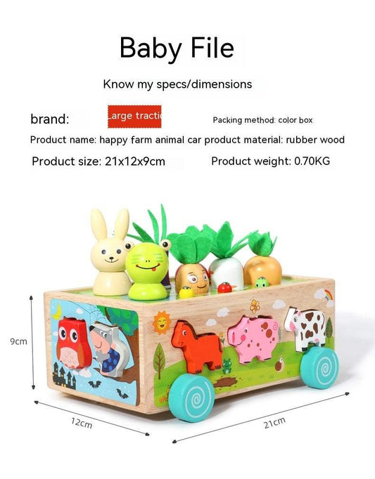 Wooden Farm Animal Car Radish Pulling Toy | Ages 0-3 | Baby Activity Toys