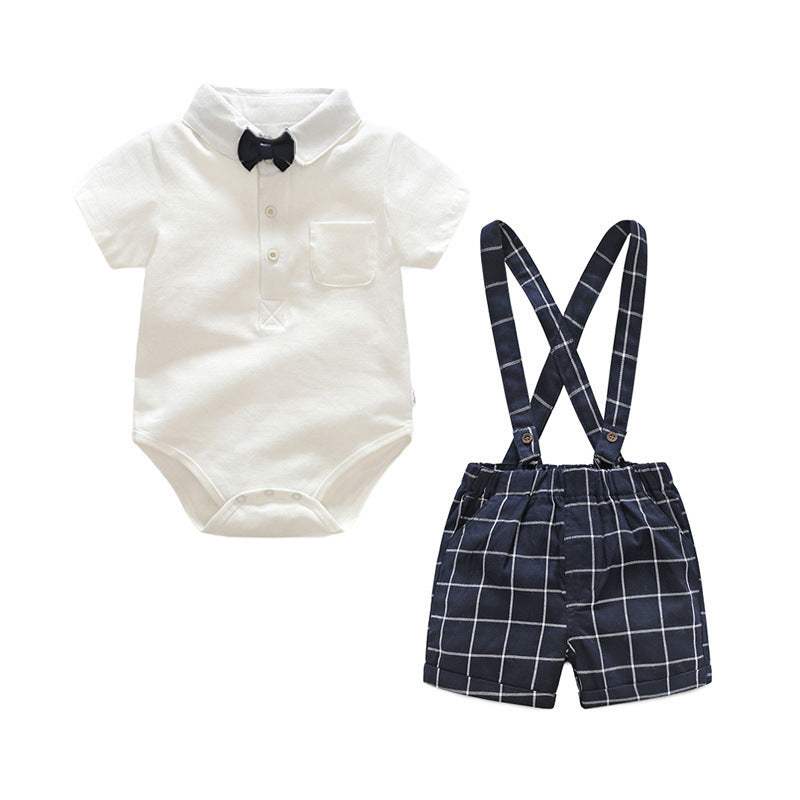 Kids' Short-Sleeve Knit Romper With Plaid Suspender Pants | Cotton | Two-Piece Set