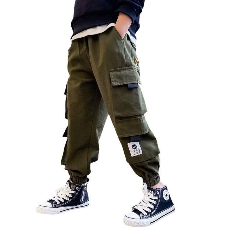 Big Kids' Multi-Pocket Fleece Cargo Work Pants | Ankle-Tie | Black And Green