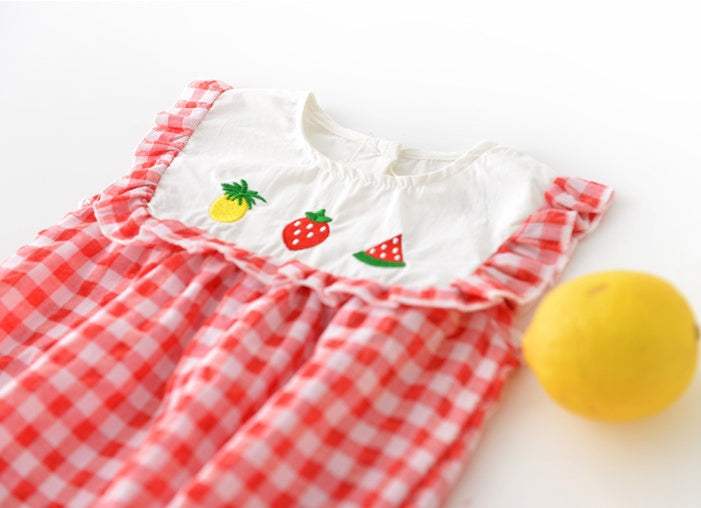 Baby Girl Plaid Lace-Sleeve Triangle Romper | Sleeveless