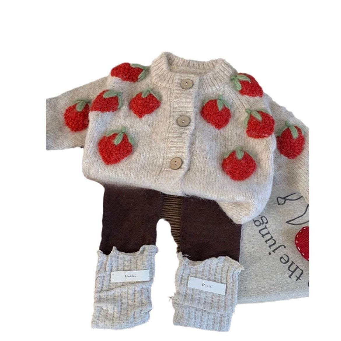 Baby Strawberry Knitted Cardigan And Pants Two-Piece Set | Cotton | Korean Style Style