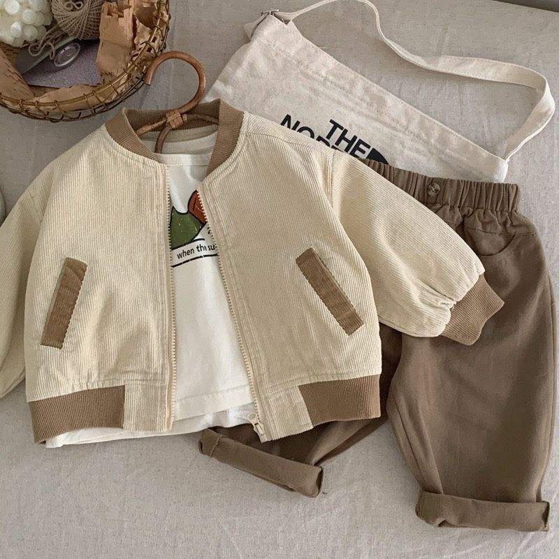 Kids' Japanese-Korean Style Corduroy Spring Overcoat | Milky White And Khaki