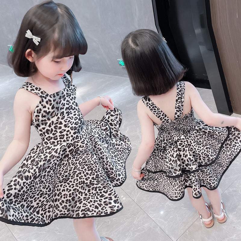 Girls' Leopard-Print Backless Lace-Up Tiered Dress | Coffee