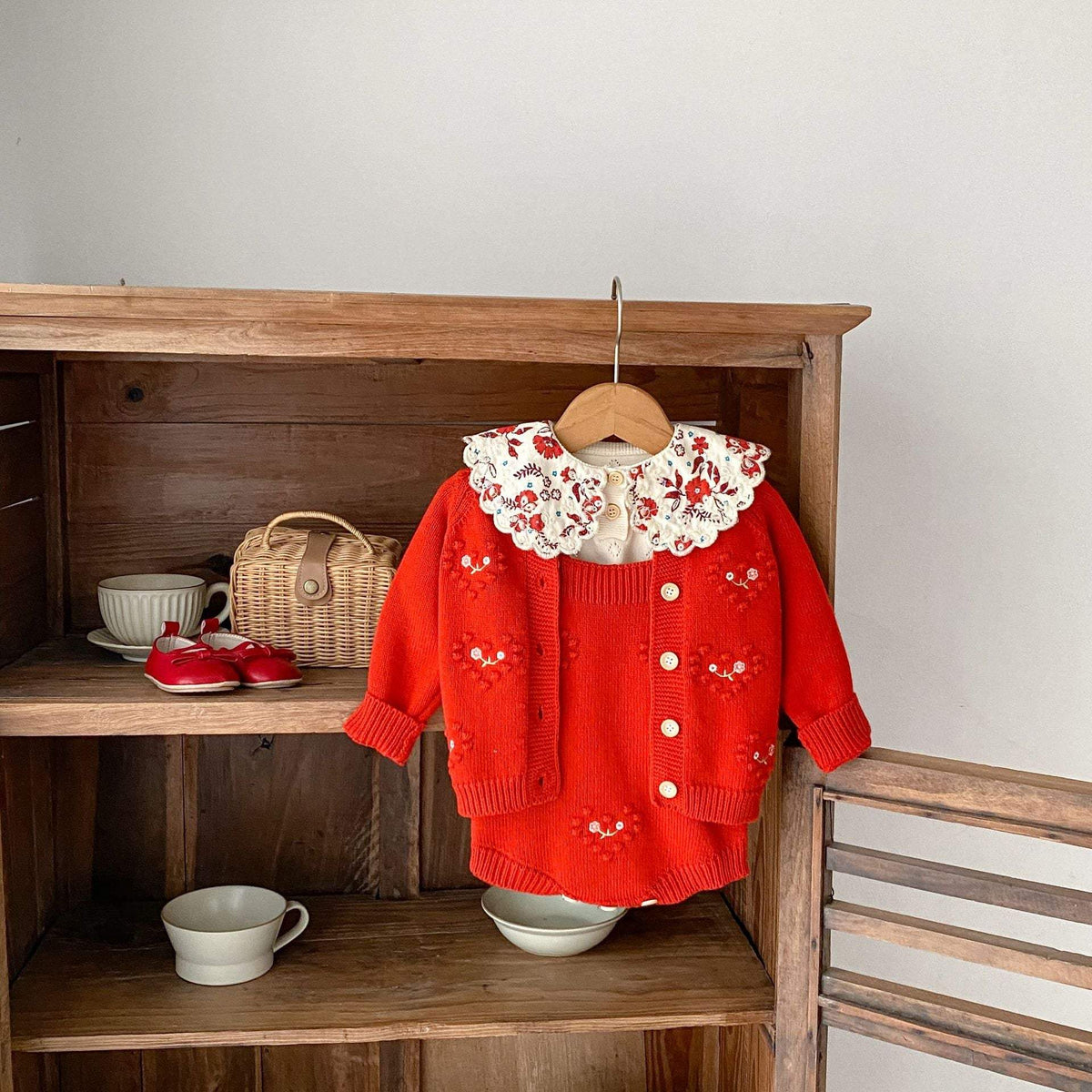 Baby Girl Red Heart Embroidered Coat And Jumpsuit | Cotton | Two-Piece Set
