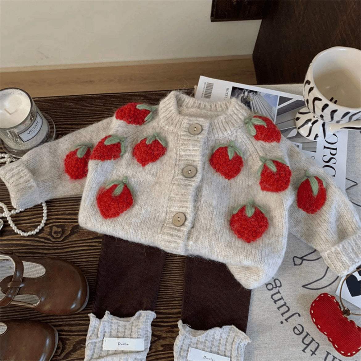 Baby Strawberry Knitted Cardigan And Pants Two-Piece Set | Cotton | Korean Style Style