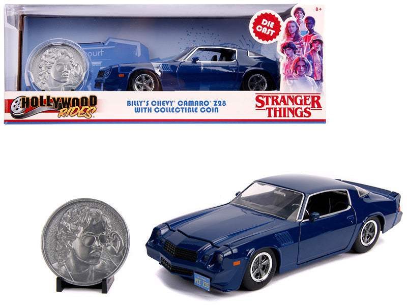 Billy's Chevrolet Camaro Z28 Dark Blue with Collectible Coin | 1/24 Diecast Model Car | Jada | Stranger Things Series