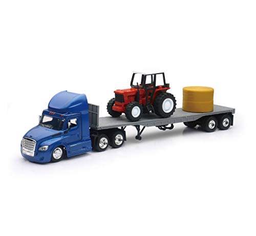 Freightliner Cascadia with Flatbed Trailer Blue with Farm Tractor Red and Hay Bales | 1/43 Diecast Model Tractor | New Ray | Long Haul Trucker Series