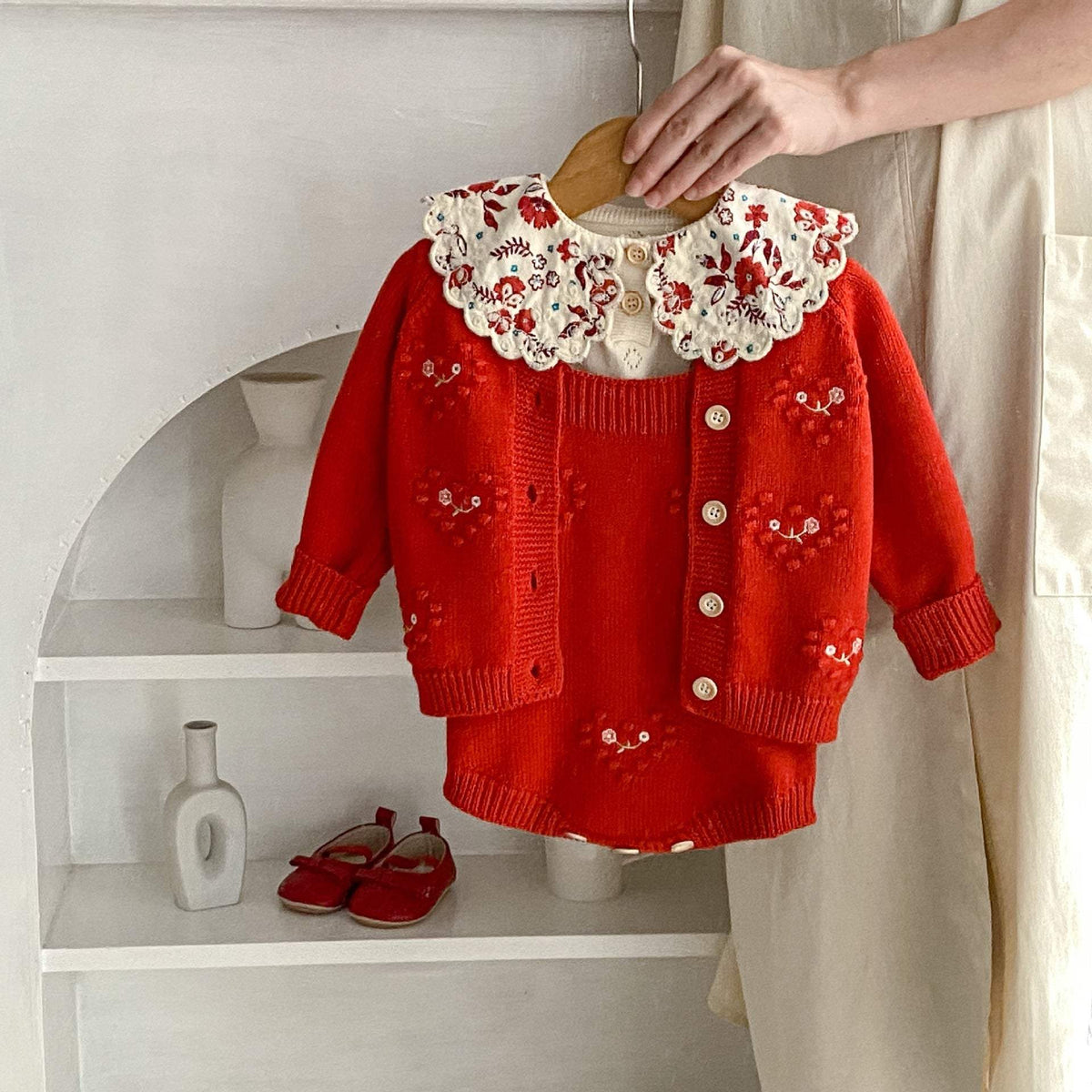 Baby Girl Red Heart Embroidered Coat And Jumpsuit | Cotton | Two-Piece Set