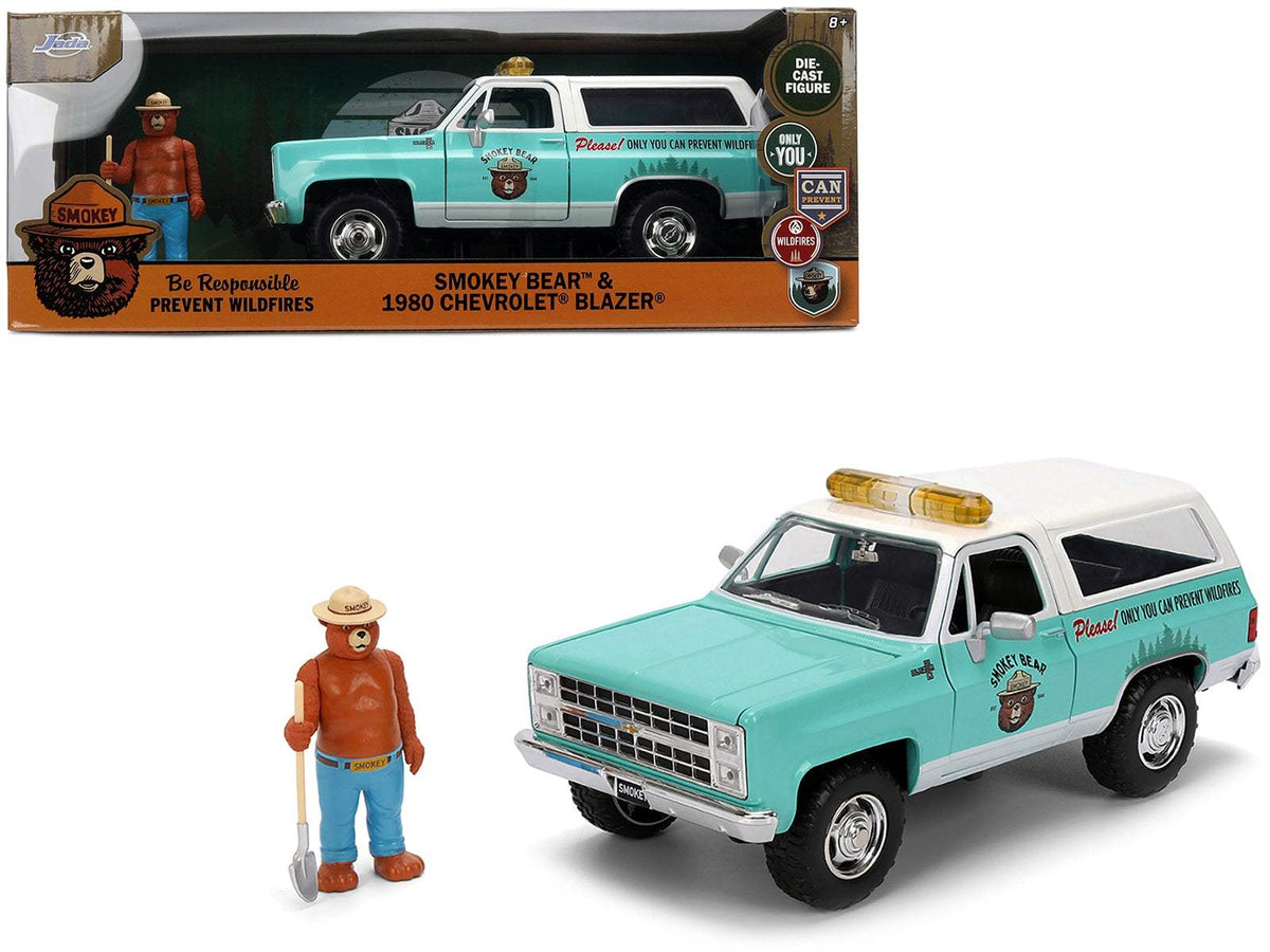 1980 Chevrolet Blazer Light Green with White Top and Graphics and Smokey Bear | 1/24 Scale Figure | Jada | Collector Quality