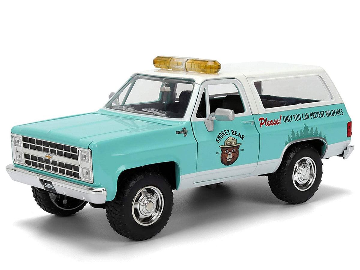 1980 Chevrolet Blazer Light Green with White Top and Graphics and Smokey Bear | 1/24 Scale Figure | Jada | Collector Quality