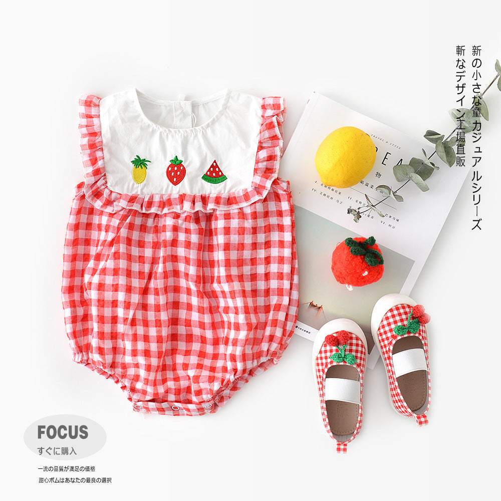 Baby Girl Plaid Lace-Sleeve Triangle Romper | Sleeveless