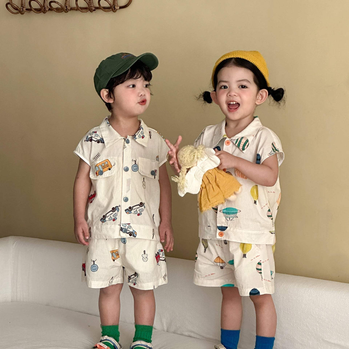 Kids' Thin Summer Shirt Set | Cartoon Car And Hot Air Balloon