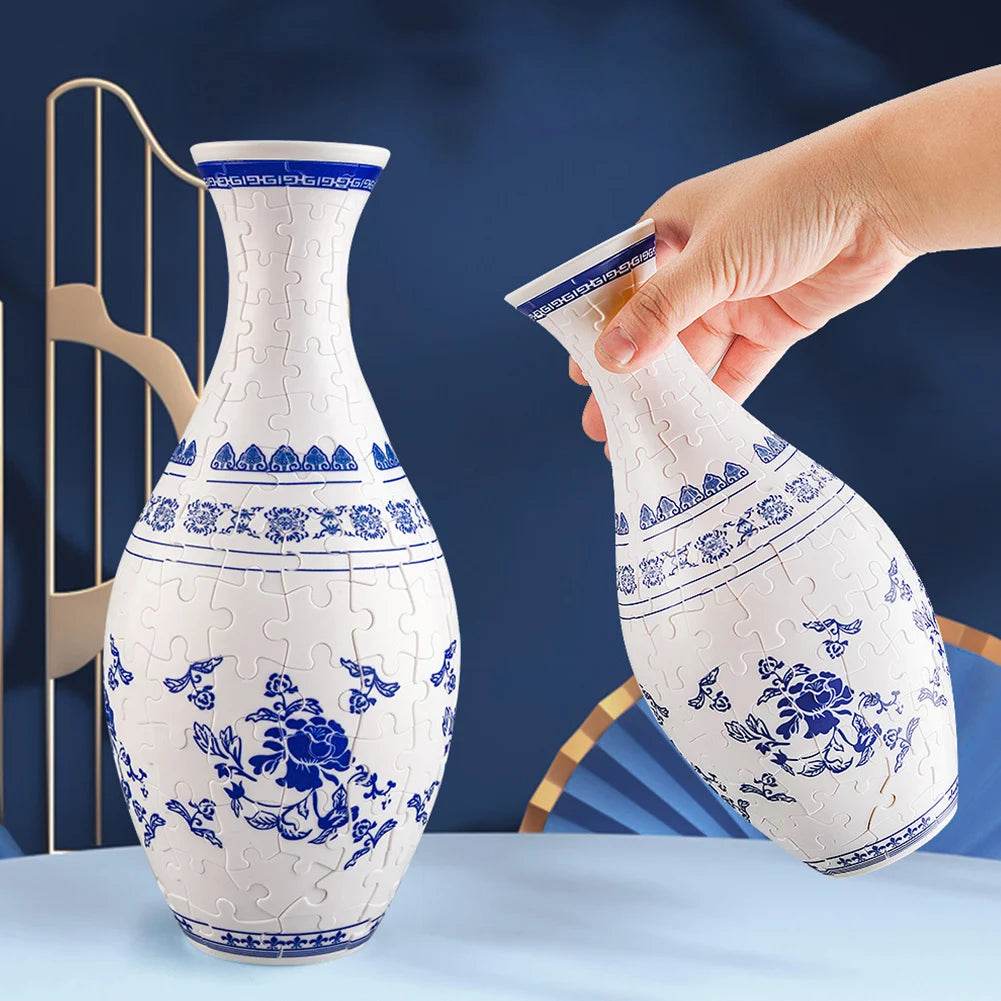 3D Puzzle Vase Plastic Vase Blue and White Porcelain Design - ToylandEU