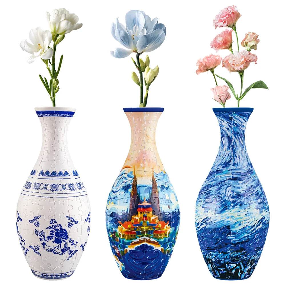 3D Puzzle Vase Plastic Vase Blue and White Porcelain Design - ToylandEU