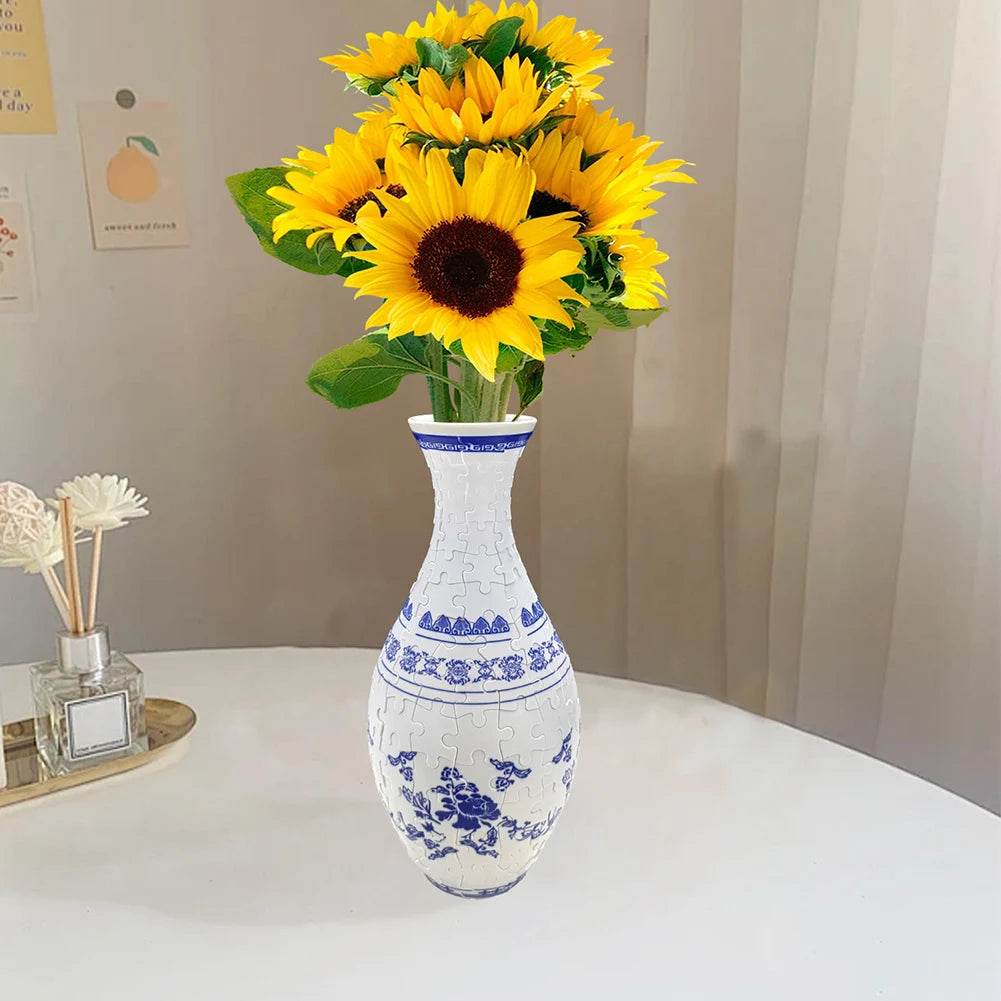 3D Puzzle Vase Plastic Vase Blue and White Porcelain Design - ToylandEU