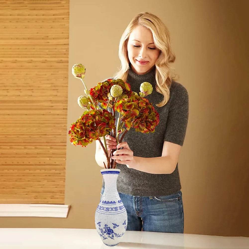 3D Puzzle Vase Plastic Vase Blue and White Porcelain Design - ToylandEU