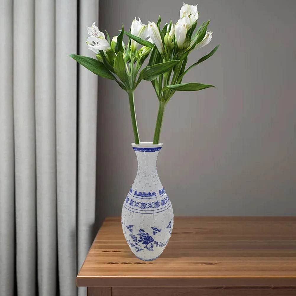 3D Puzzle Vase Plastic Vase Blue and White Porcelain Design - ToylandEU