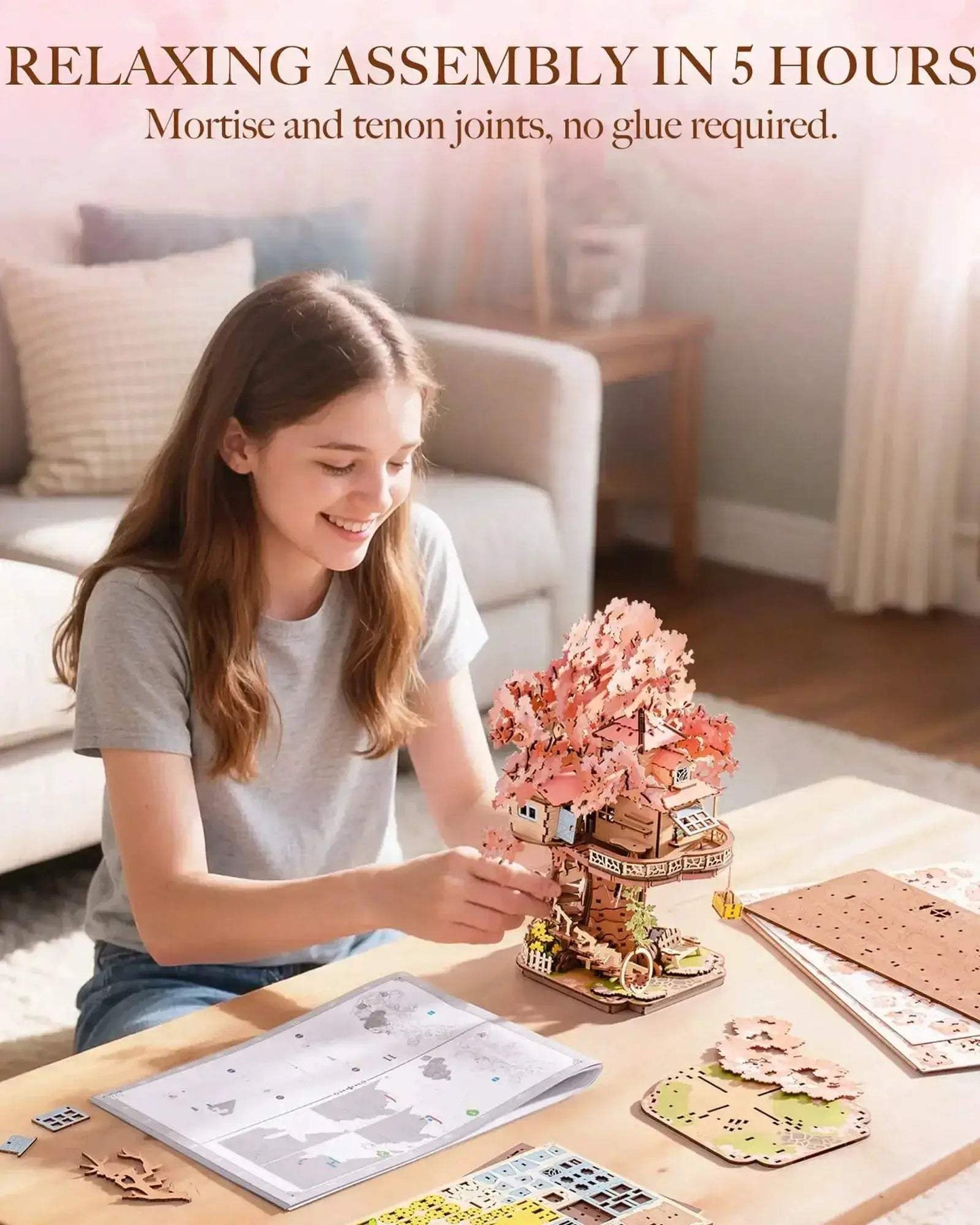 3D Wooden Puzzle Model Kit Sakura Tree House Calming Gift - ToylandEU