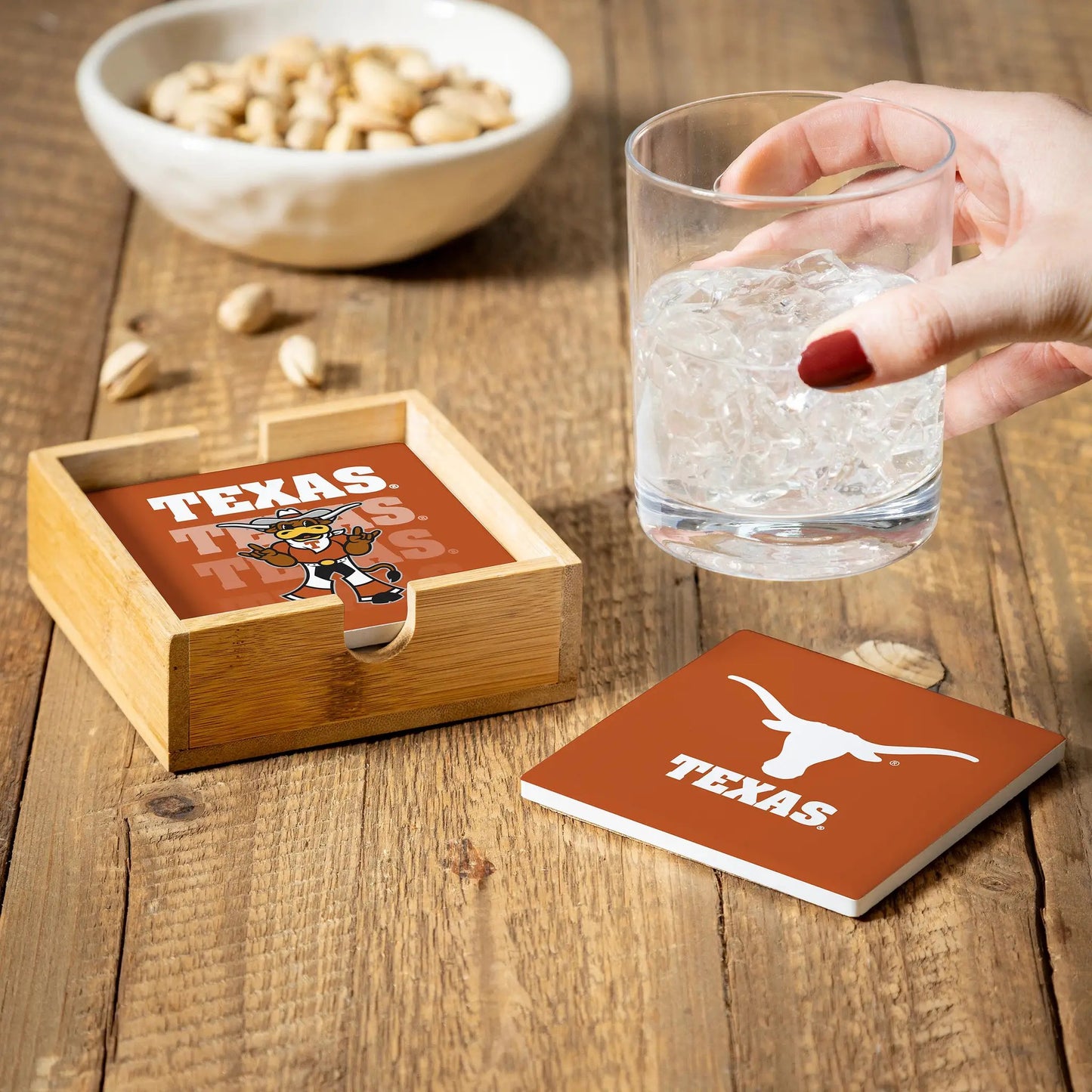 Texas Longhorns Coaster Set 4 Piece with Wood Caddy