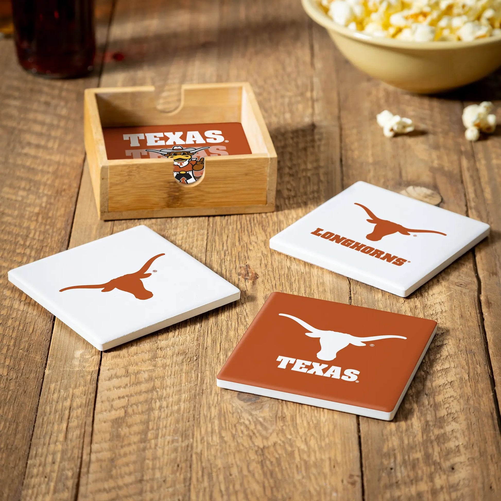 Texas Longhorns Coaster Set 4 Piece with Wood Caddy
