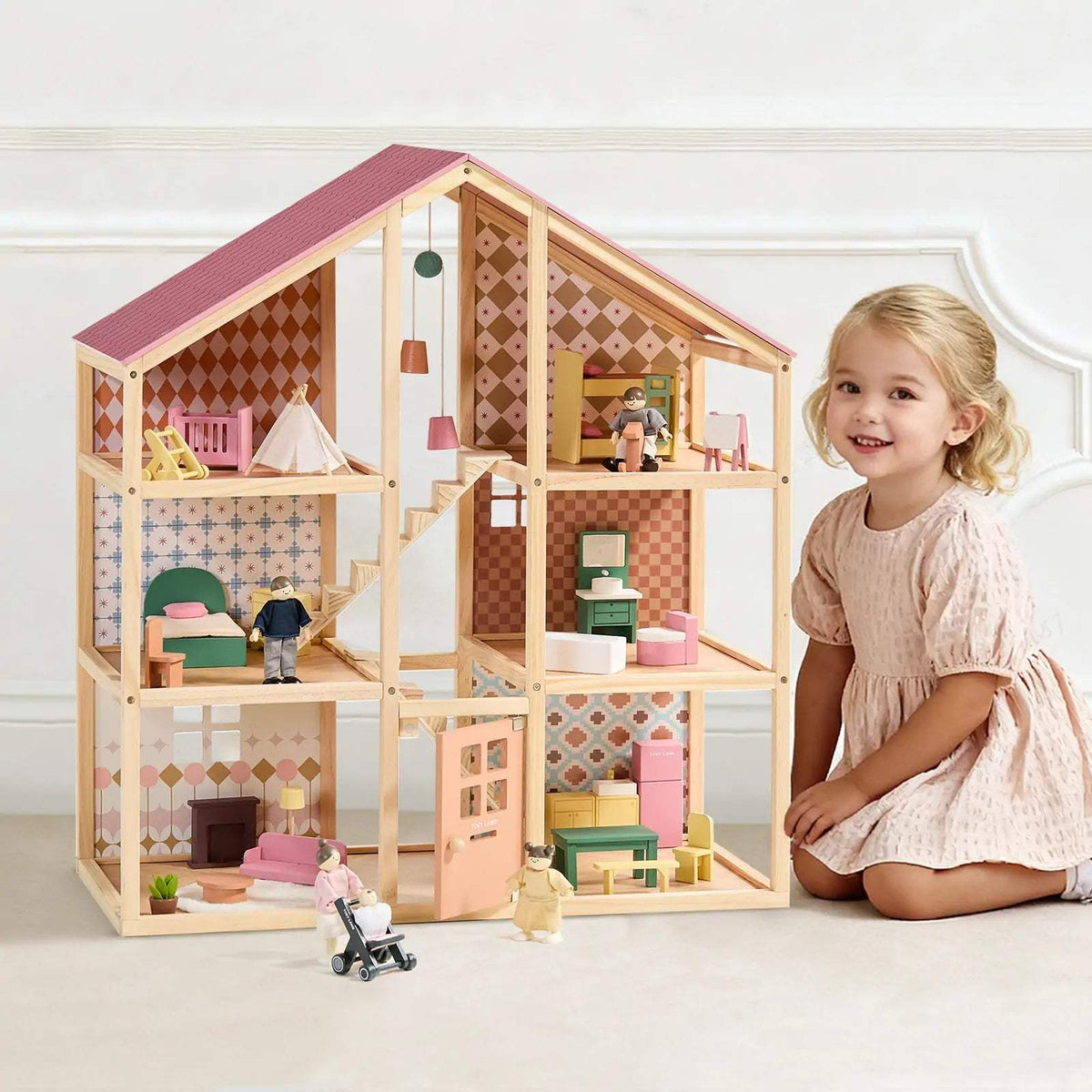 Dollhouse | Wooden Build With Poseable Dolls | Soft Pastel Colors | For Kids