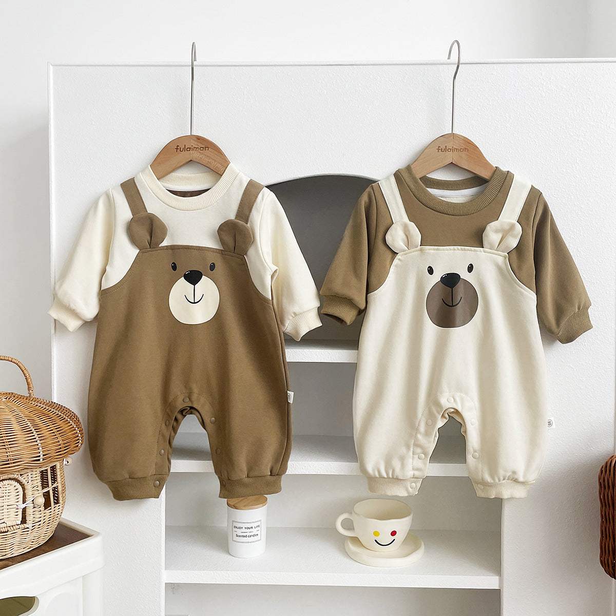 Baby Little Bear Fake Two-Piece Long-Sleeve Onesie | Apricot And Coffee Brown