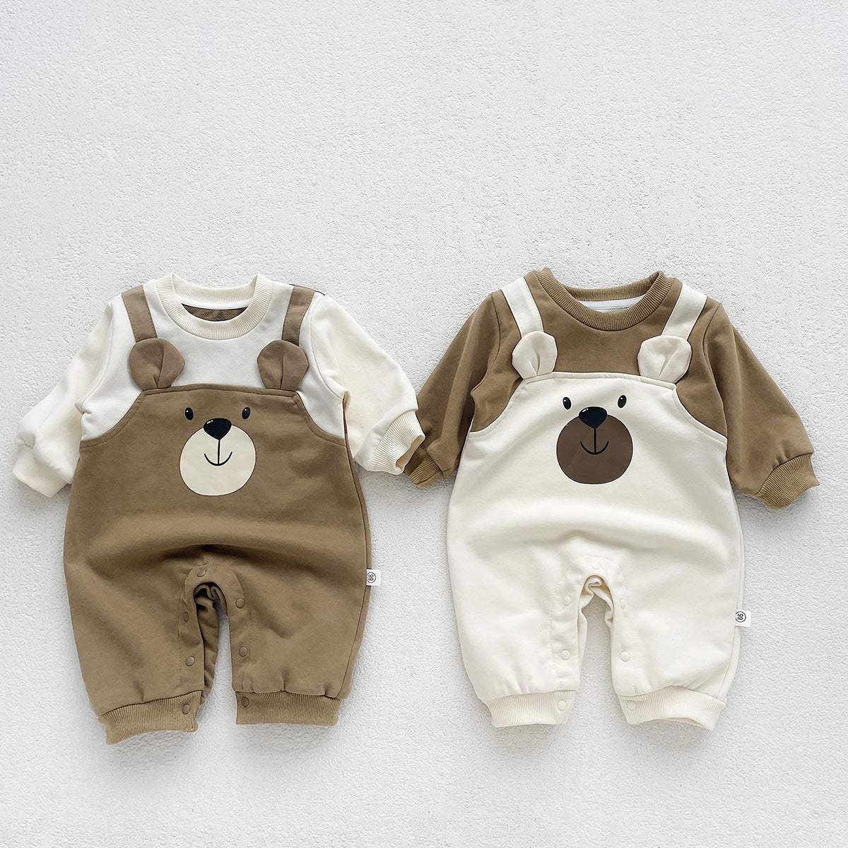 Baby Little Bear Fake Two-Piece Long-Sleeve Onesie | Apricot And Coffee Brown
